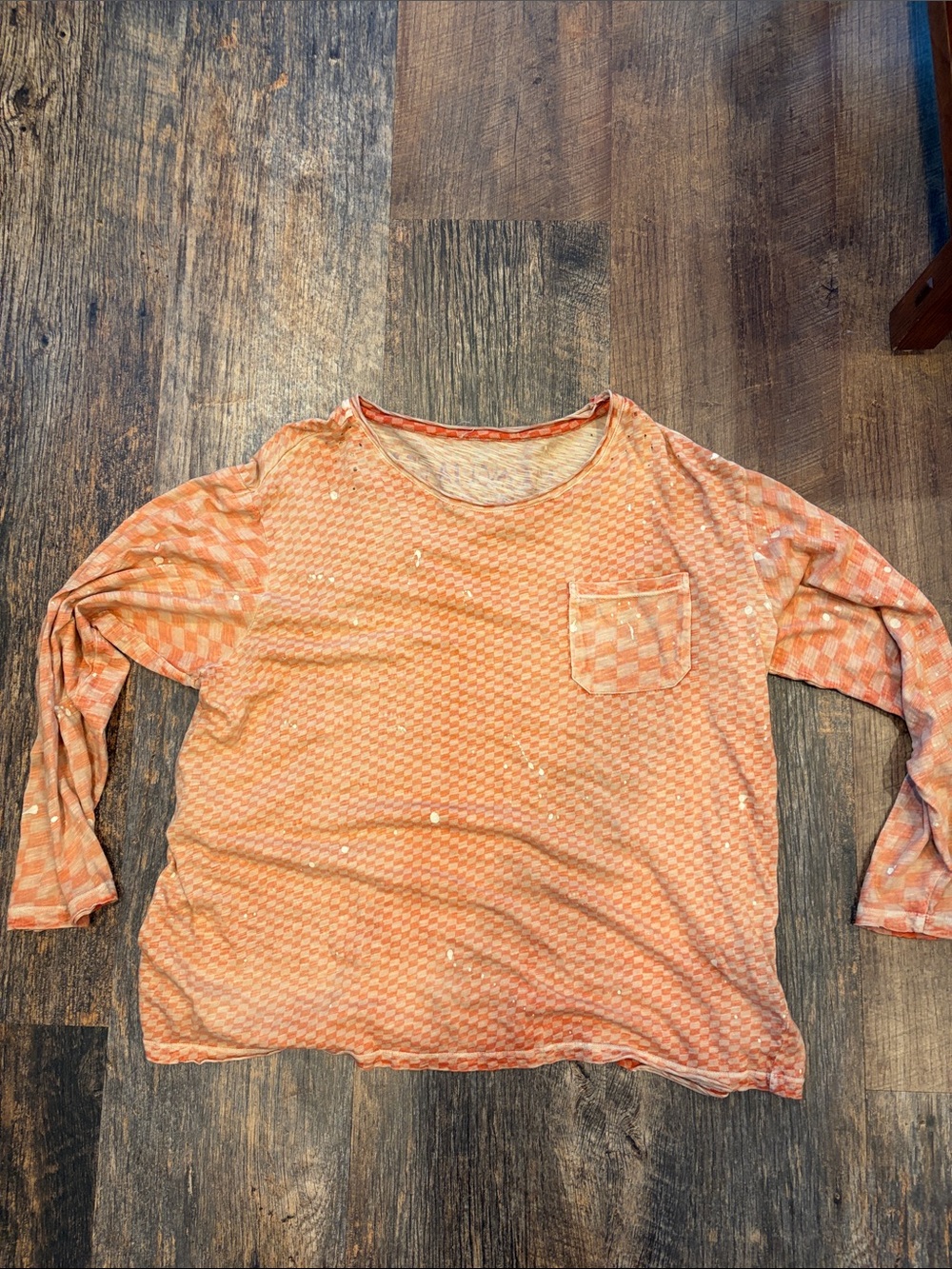 Magnolia Pearl Orange Checked Paint-splattered Long-Sleeve Pocket Tee